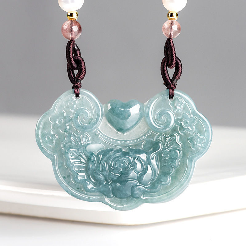 Men's and Women's Pendant Jade Blue Water Flower Blooming Rich Auspicious Ruyi Jade Pendant Waxy Jad