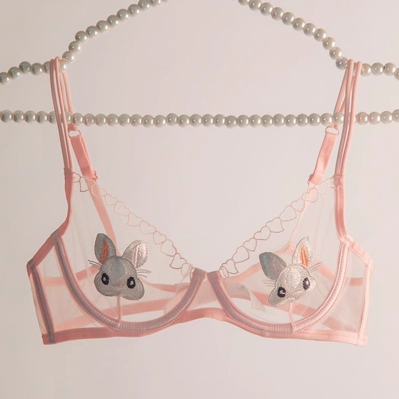 Set Bra Bordir Kelinci Ultra-tipis Bebas Spons