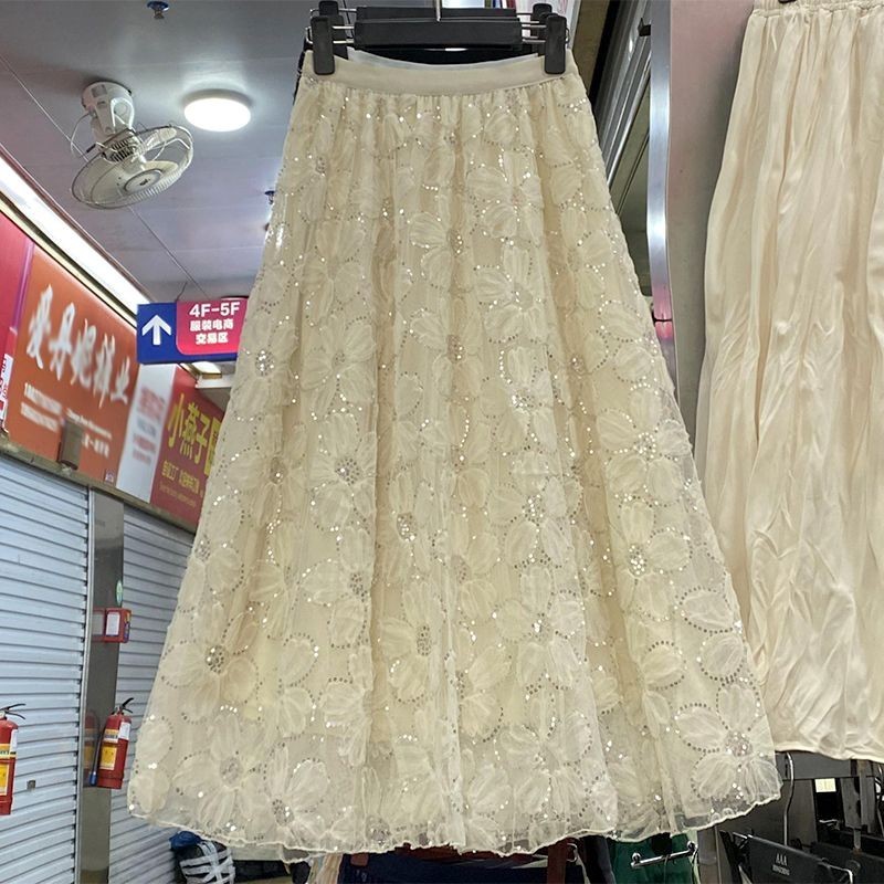 Rok Kain Tule Bunga Renda Berpayet Manis Perancis Baru Rok Ekspansi Setengah Panjang