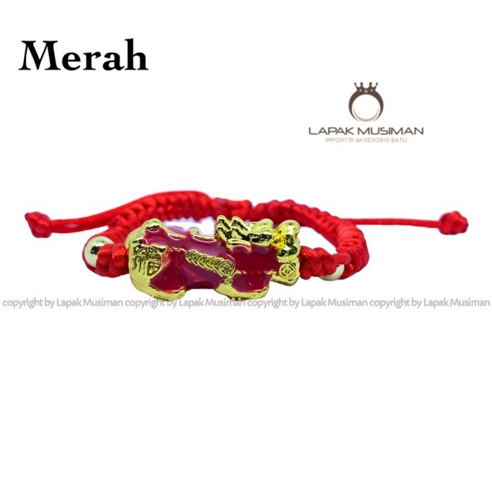 Gelang Pixiu Tali Warna Merah Lapis Emas 24K