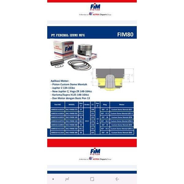 Piston Seher Kit Fim Mentah Dome Jupiter Z Vega R New Kharisma Supra Vega Zr Fim 80 Pin 13