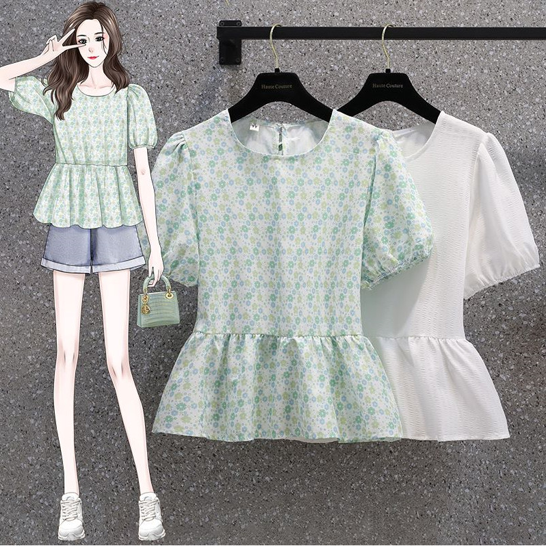 Kemeja Motif Bunga Korea untuk Wanita, Kemeja Punggung Berpita Cantik Gaya Korea Lengan Puff, Blus M