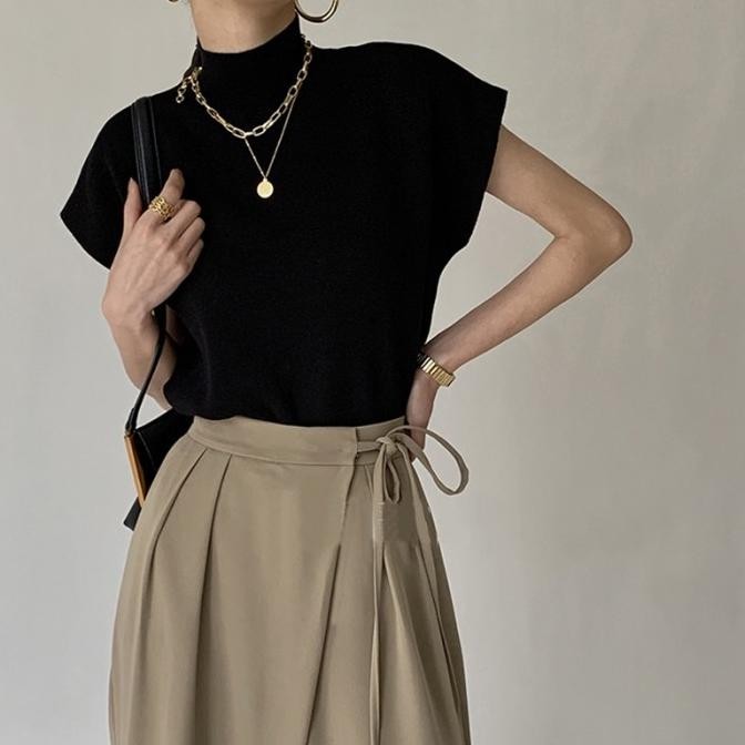 Rompi Rajut Wanita/Vintage Turtleneck Knitted Vest Kasual Lengan Crop Vionawara