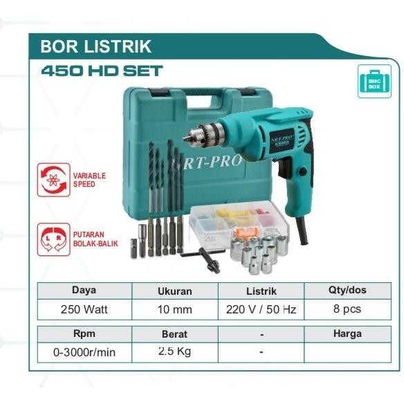 Mesin Bor Tangan Listrik 10Mm Set Mata Bor Komplit Nrt Pro 450 Hd Set