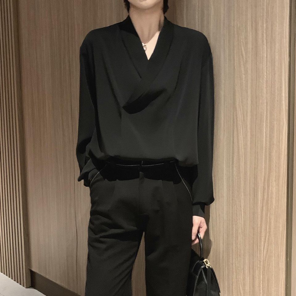 COD kemeja Prancis Pria Hitam Gaya Korea Lengan Panjang Baju Longgar Pulover Trendi
