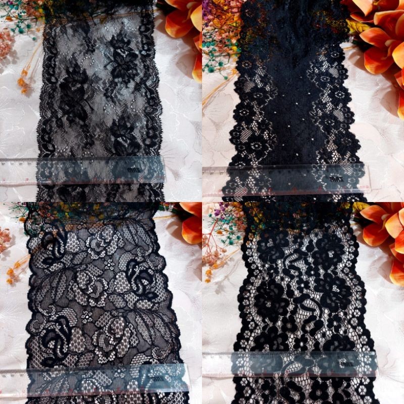 renda stret lebar 15 = 18cm warna hitam harga 6000