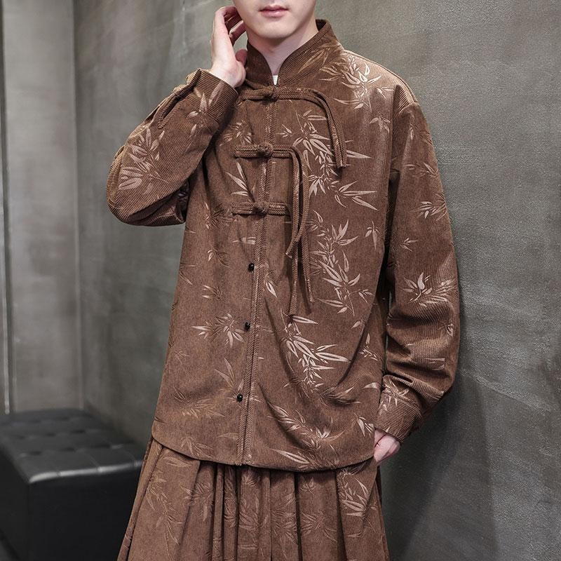 Baju Setelan Gaya China Pria, Baju Mantel Bercetak Gaya China Ukuran Besar Longgar untuk Pria