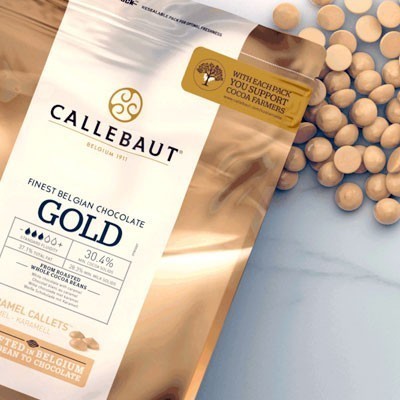 

Cabina Callebaut Gold Caramel Chocolate Couveture 30.4% Freshpack Coklat Conveture Karamel 400 Gr