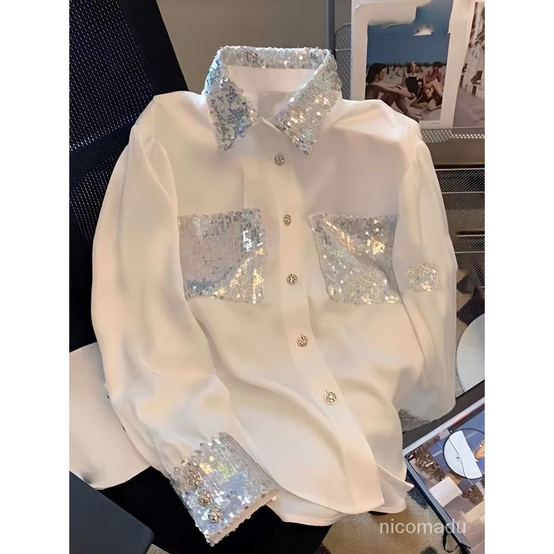 Kemeja Cotton White Sequined French style/Kemeja Putih Import Premium Korean style/Baju Blouse Korea