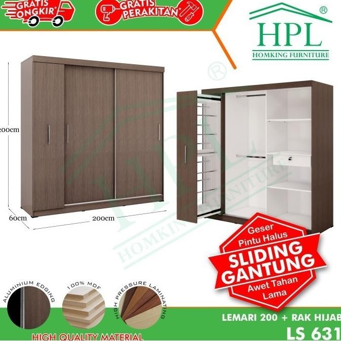 Promo Terbatas Lemari Pakaian Sliding Hpl200 Hijab Coklat Tua Kayu Audynshazira