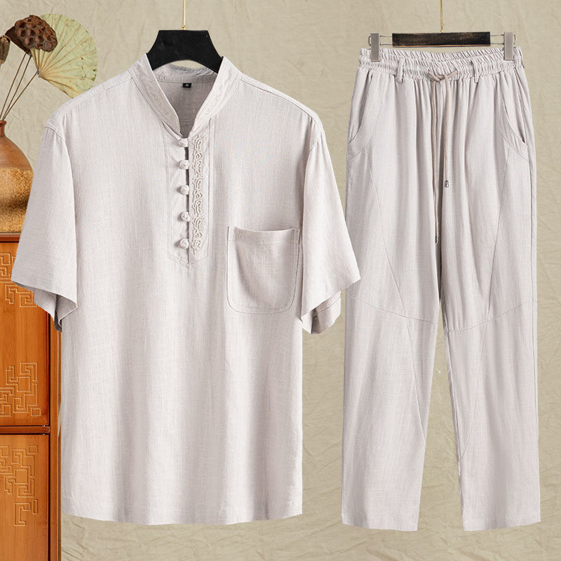 Men's Linen Short-Sleeved Shirt Shirt Middle-Aged Cotton and LinenTT-shirt Chinese Style Men's Top C