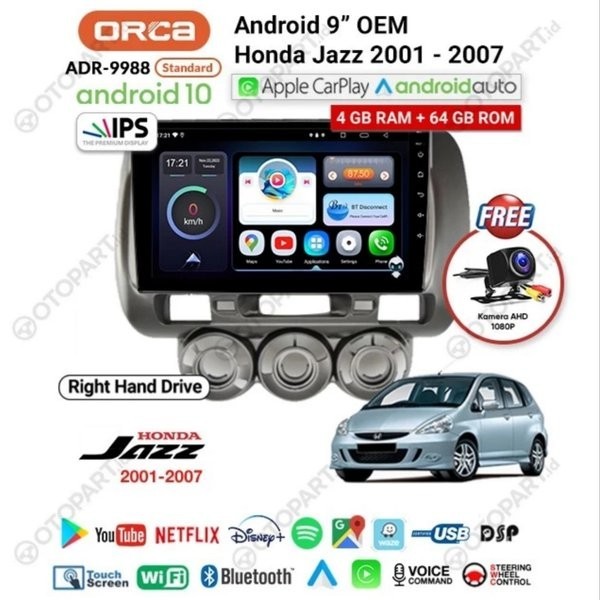 HEAD UNIT ANDROID JAZZ 2007 HEAD UNIT ANDROID 9" ORCA RAM 4GB / 64GB