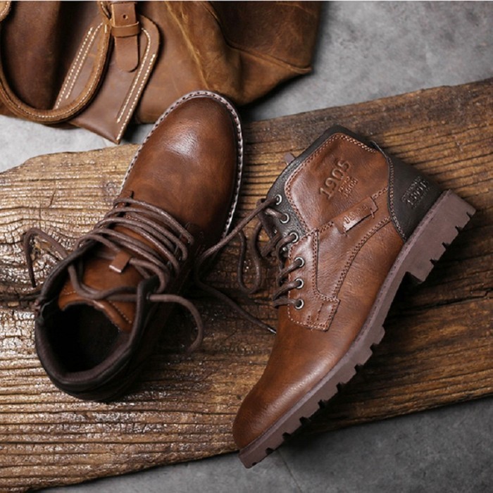 Sepatu Boots Tinggi Pria Brown Keren Kulit 250