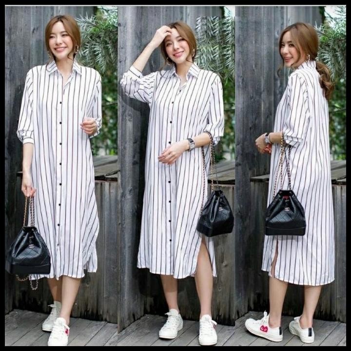 (PROMO) GAMIS LONG DRESS MUSLIM SALUR GARIS XL BELAH BAWAH PUTIH ALICE SERRA Silahkan diorder