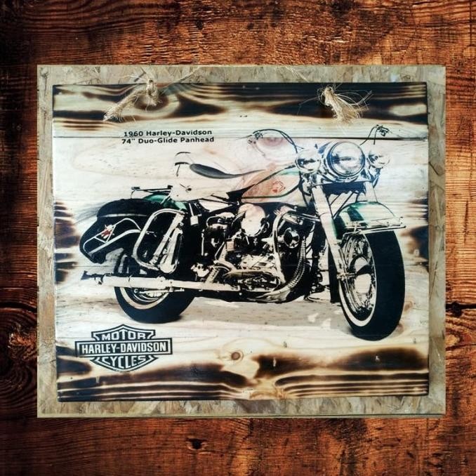 Poster Lukisan Kayu Jatibelanda Bakar Harley Davidson Vintage 3