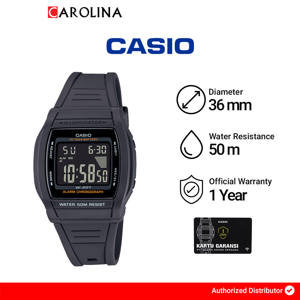 Jam Tangan Pria Casio W-201-1B Dark Grey Dial and Resin Band