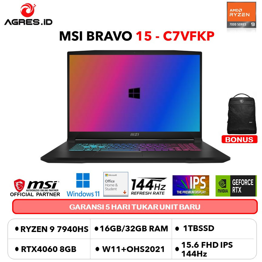 MSI BRAVO 15 RYZEN 9 7940HS RTX4060 8GB/ 16GB 1TB W11+OHS 15.6FHD IPS 144HZ BLIT 2Y BLK -C7VFKP.228