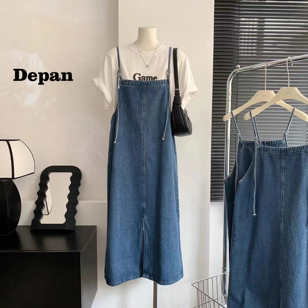 SIXI Baju Kondangan Wanita Kekinian Overall Dress Jeans Jumbo Midi Dress Denim Rok Belah Samping Jam