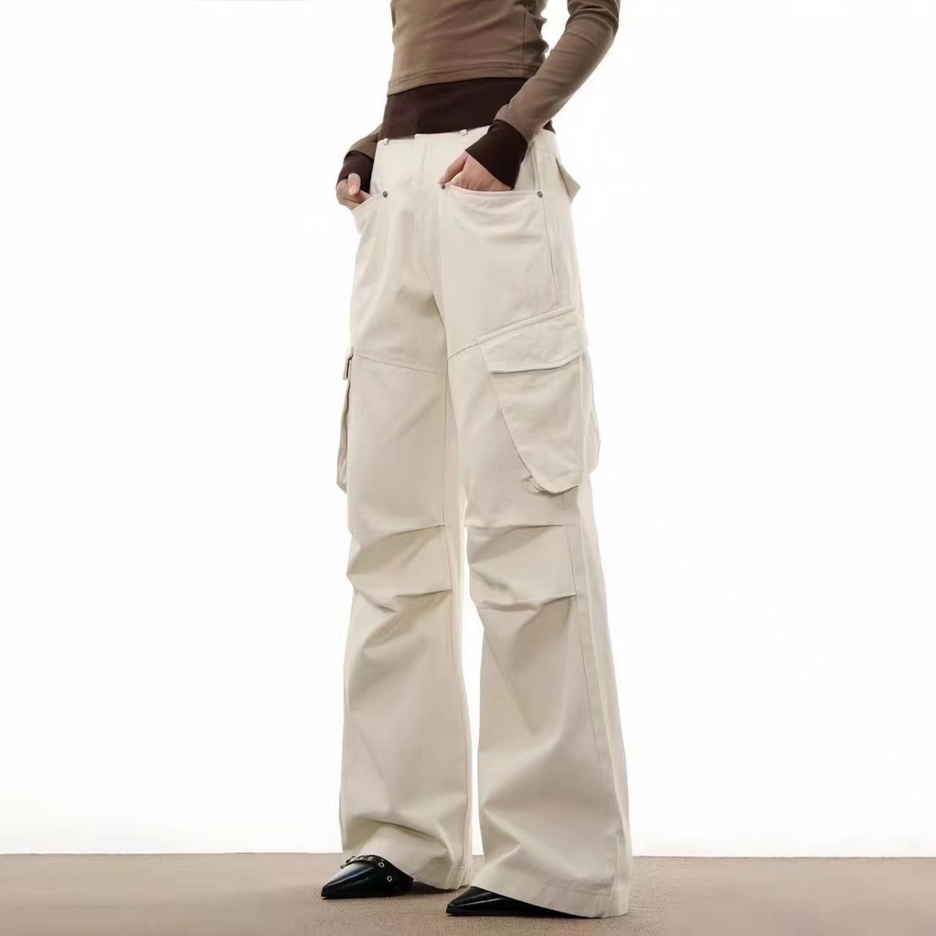 Celana Panjang Kasual Lurus Kusut Antik Gaya Amerika High Street Payung Longgar Semua Cocok Celana K