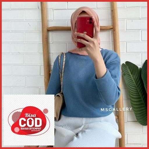 Baru Kaos Waffle Wafer Lengan Panjang Wanita / Basic Crewneck Polos Sweatshirt Waffel Uniqlo / Kaos 