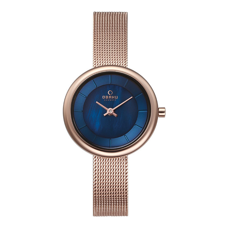Jam Tangan Wanita Obaku V146LXVLMV Stille Azure Blue Dial Rose Gold Mesh Strap