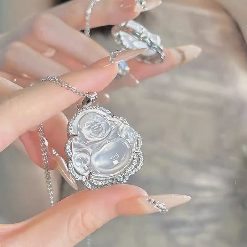 s925Sterling Silver Ice-like Chalcedony Buddha Pendant Item Maitreya Buddha Smiling Buddha Necklace