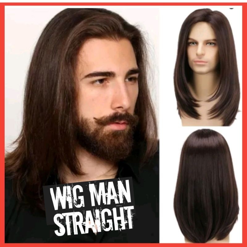 Wig Pria Rambut Gondrong Lurus Belahan Tenah Warna Hitam Alami Gaya Pria Tampan Dari Eropa Rambut Pa