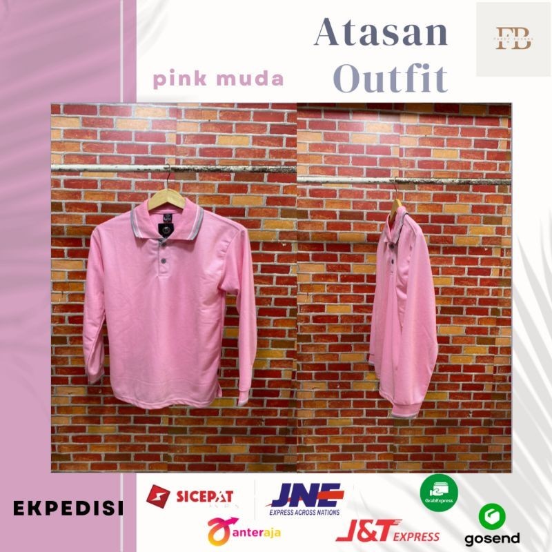 baju kaos polos kerah lengan panjang pria wanita warna pink muda
