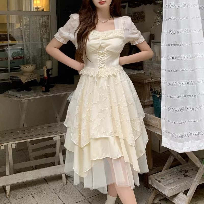 Gaun Princess Kerah Persegi untuk Wanita, Gaun Kerah Persegi Lengan Pendek, Rok Putri Pelangsing Pin