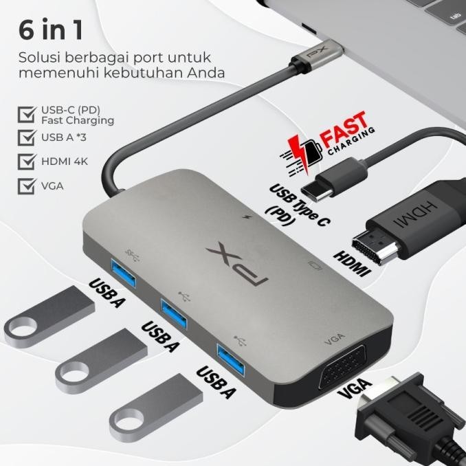 Hub Converter USB Type C 3.1 to HDMI 4K VGA USB 6 in 1 PX UCH60