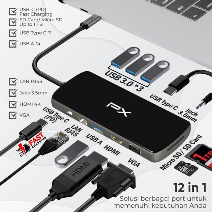 Hub Converter Type C 3.1 Macbook Laptop HDMI USB 12 in 1 PX UCH120B