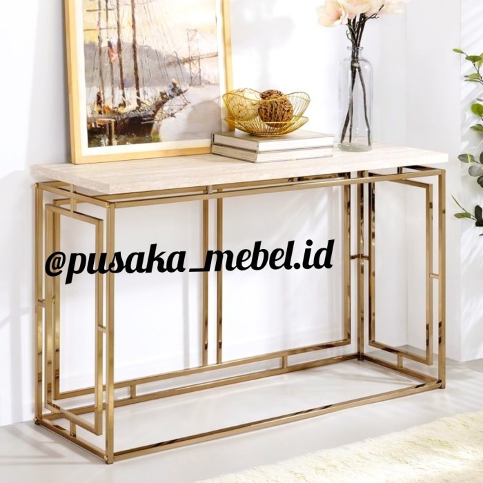 meja console marmer rangka stainless gold, meja konsul marmer besi