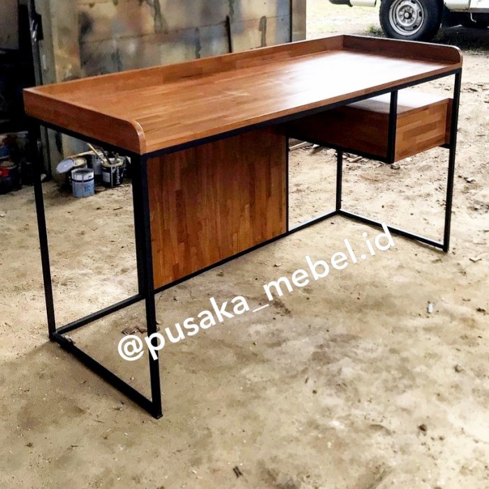 Meja Belajar, Meja Belajar Kayu Kombinasi Besi, Meja Kerja Kayu Besi