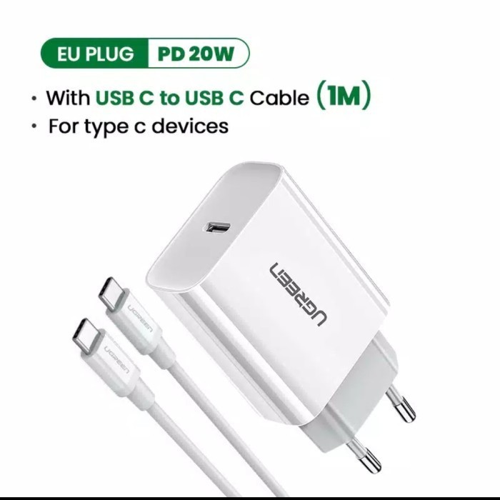 Charger Ugreen Qualcomm QC 4.0 / QC 3.0 18W PD Fast Bonus Kabel Tipe C