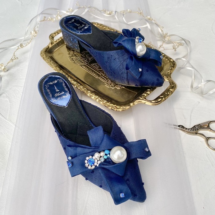 Navy Selop Sandal Sepatu Pesta Wanita Blo Heels 4.5Cm Aveda