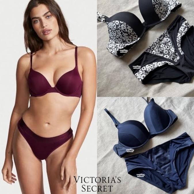 ONE SET Victoria Secret Gel Pushup Plunge Bra Panty VS BH CD Seamless