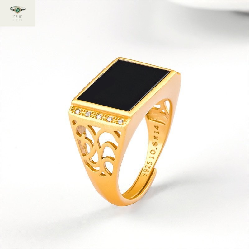 （Dengan Sertifikat）（ytucsydw3o）s925Perak Tatahan Hitam Alami JadeiteACincin Pelana Emas Kuno Giok Pr