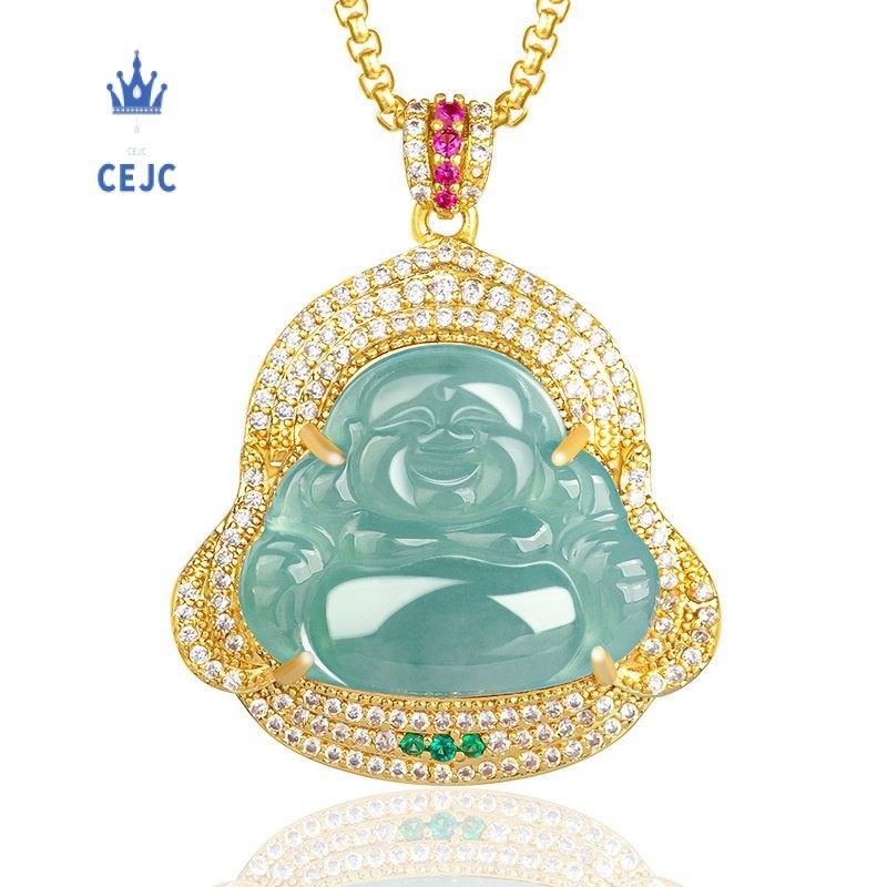 （Dengan Sertifikat）（ytucsydw3o）AlamiaLiontin Batu Giok Biru Buddha, Kalung Liontin Wanita Lapis Temb