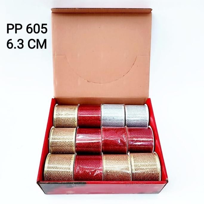 

OLH - Pita Kawat Natal Bahan Kain 6 cm Pita Merah Emas Dekor Parcel Murah TERLARIS