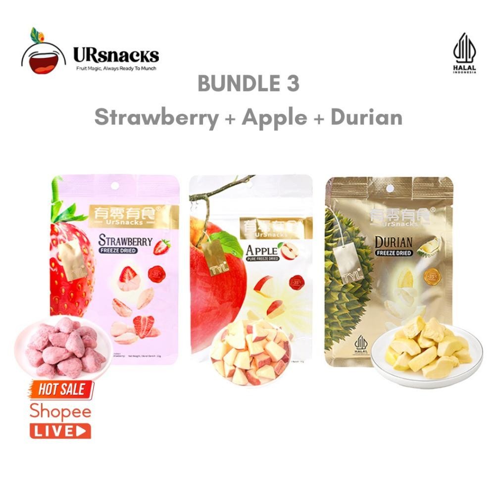 

URSNACKS Bundle Of 3 - Freeze Dried Keripik Sehat Durian + Strawberry + Apel
