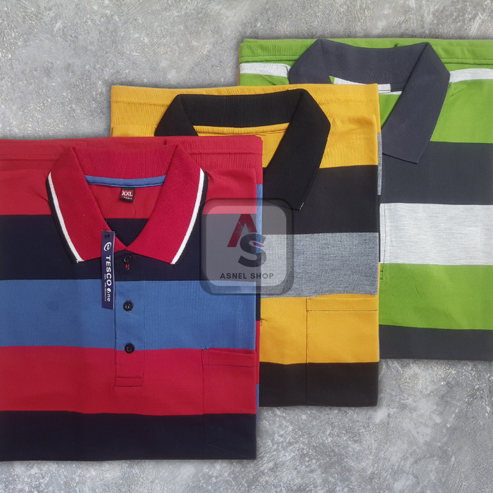 Kaos Kerah Salur Pria Dewasa Saku / Kantong Depan Polo Shirt Garis
