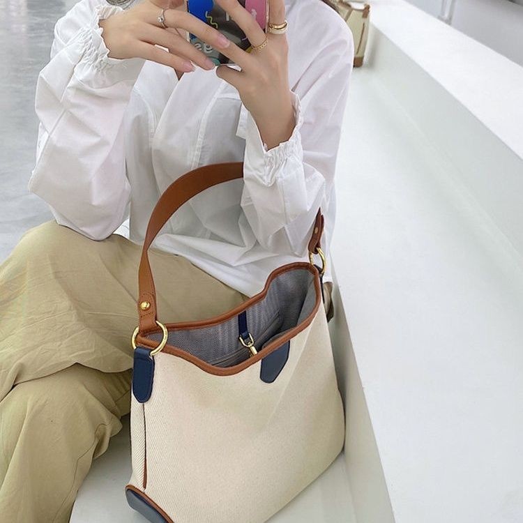 Tas Selempang Wanita, Tas Tote Bag Kanvas Perca Kontras Warna Polos