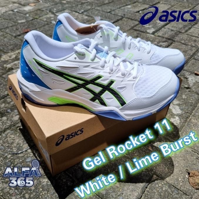 Sepatu Badminton / Voli Asics Gel Rocket 11 White / Lime Burst Premium Berkualitas