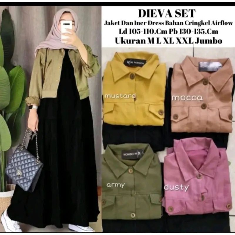 HA3 Dieva Set Gamis Rompi Outer Bahan Cringkle Airflow Wanita Remaja Dewasa Muslimah/Gamis Lebaran