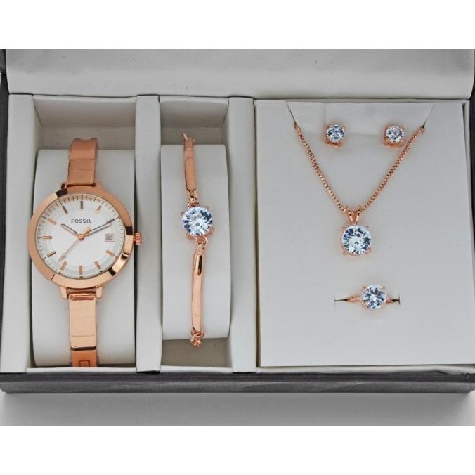 Jam tangan wanita fossil paket plus gelang cincing anting kalung