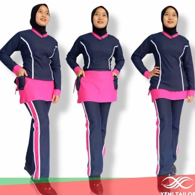 Baju Senam Wanita Terbaru Celana Rok Navy Bahan Denim Spandex Katun