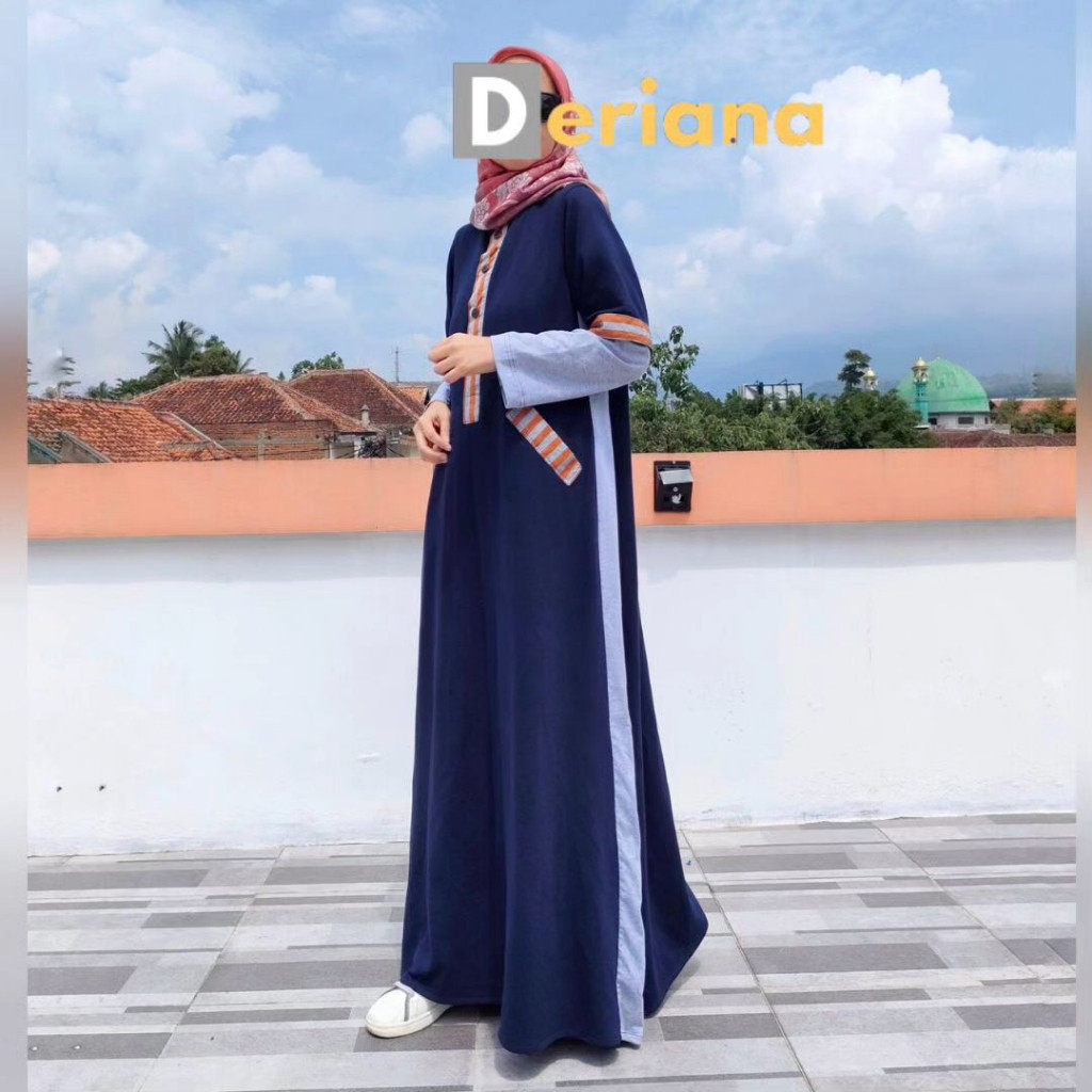 Gamis Denim Warna Biru navy premium Upmore Terbaru Melcia Dress Blue Dark Deriana Project