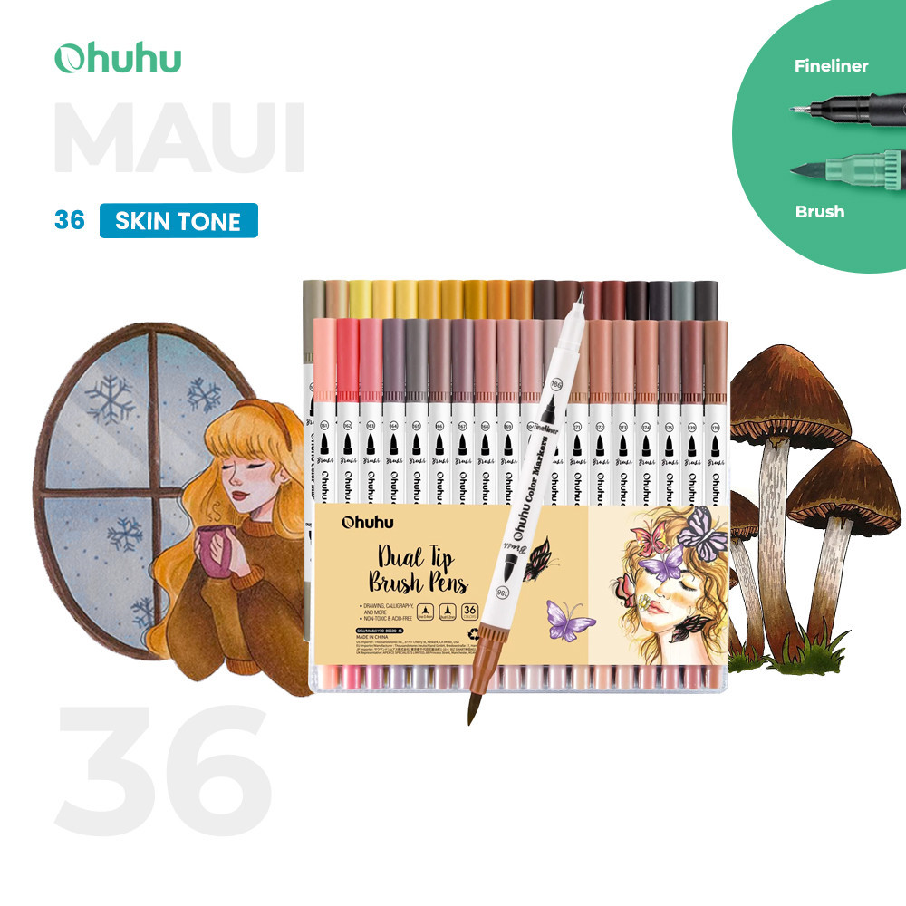 

OHUHU Maui Skin Tone 36 Colors Pens (Brush & Fineliner) Water Based Watercolor Markers