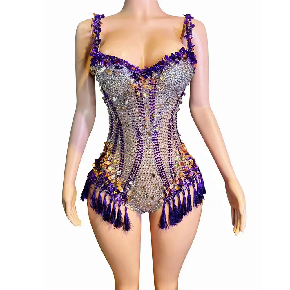Sparkly Rhinestones Sequins Tassels V Neck Bodysuit Women Sexy Performance Dance Costume Nightclub S