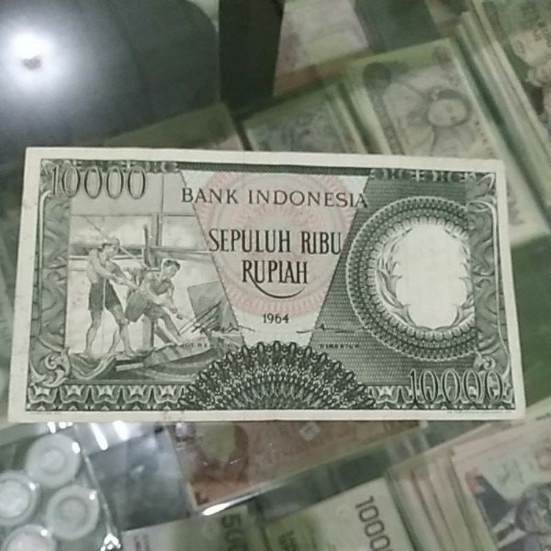 uang kuno indonesia 10000 rupiah pekerja hijau 1964 asli bi.1